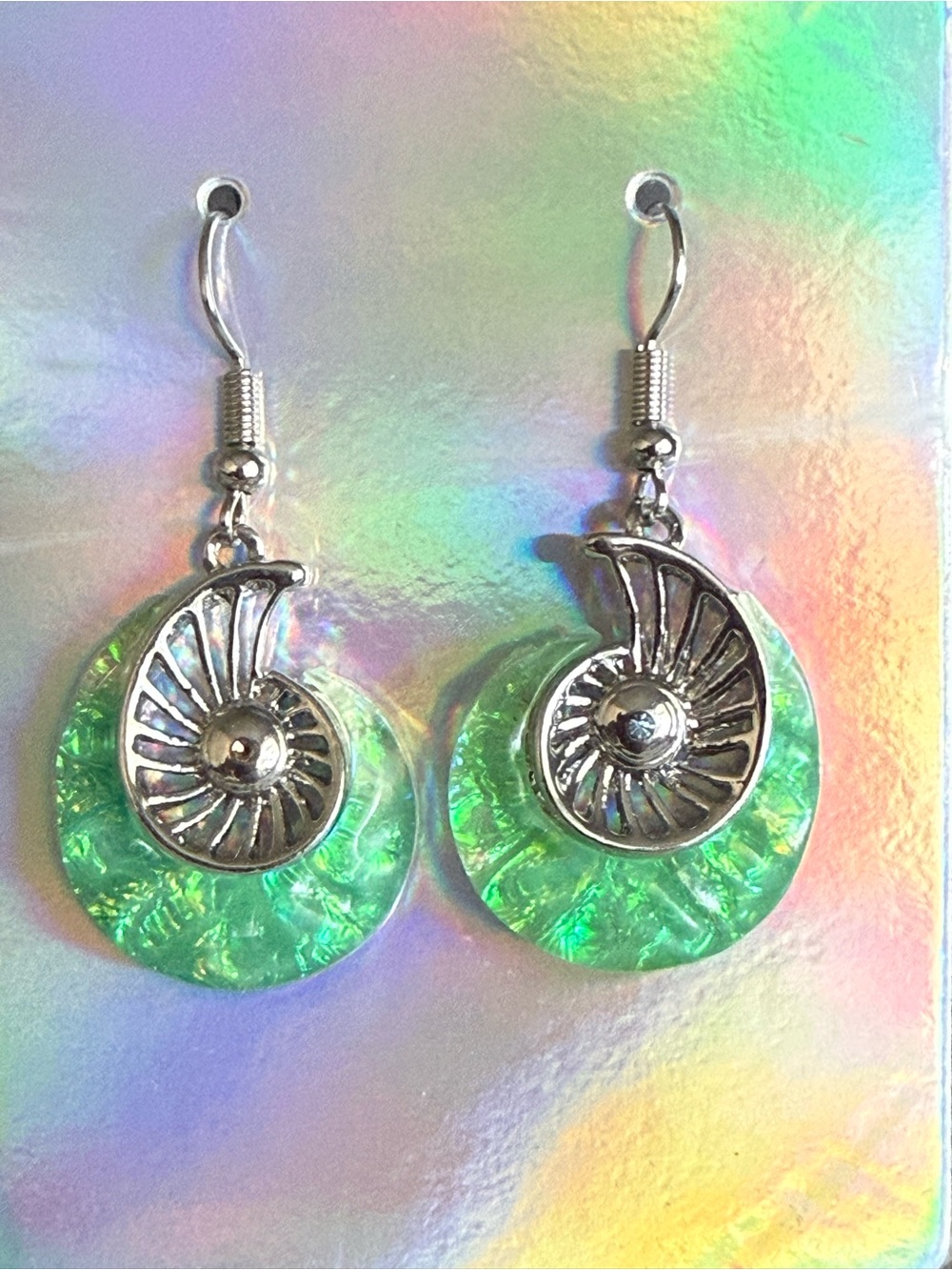 Iridescent Green Nautilus Drop Earrings with Silver Accents Vintage
